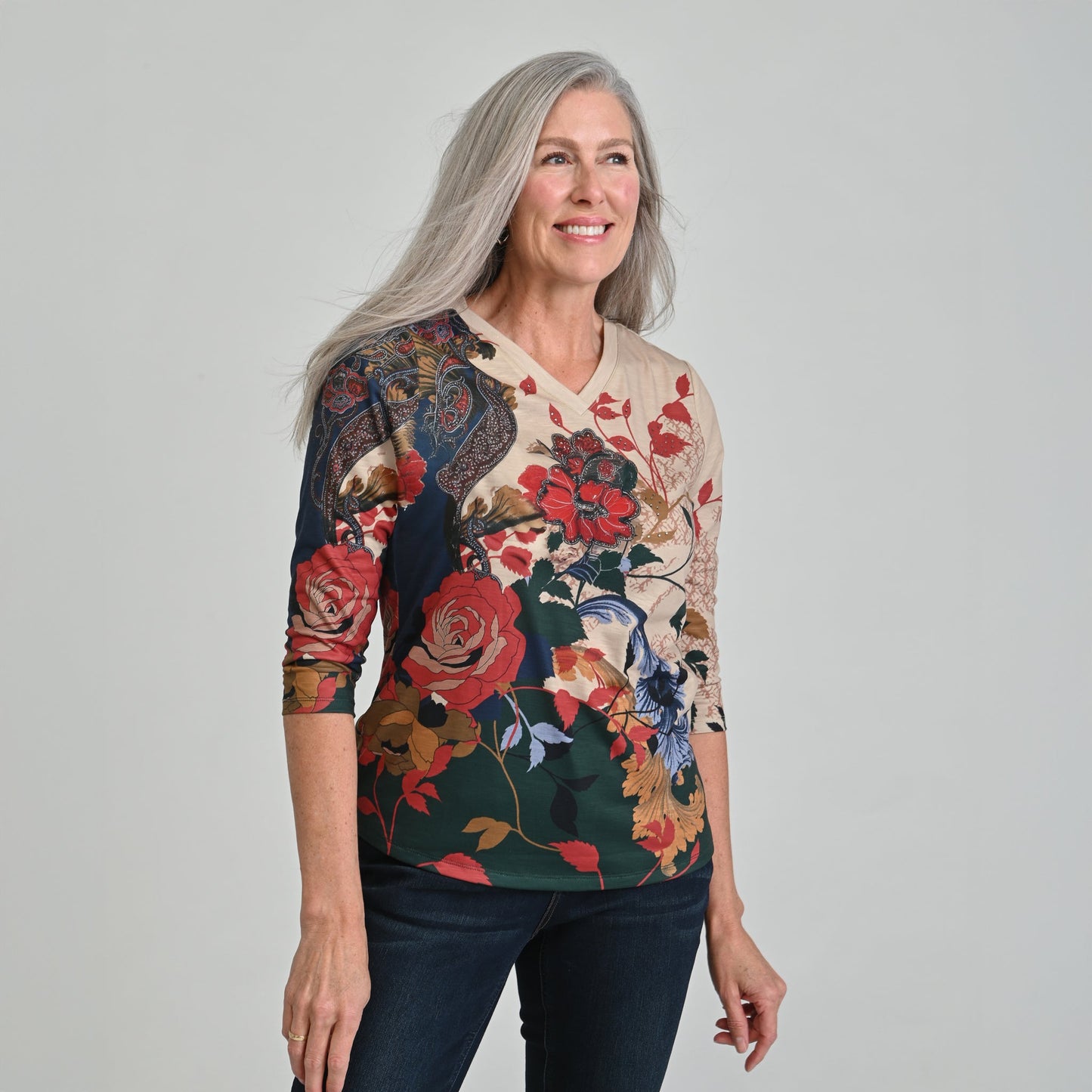 Christopher & Banks Printed 3/4 Sleeve V Neck Top