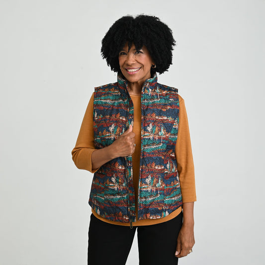 Christopher & Banks Quilted Scenic Zip Front Printed Vest