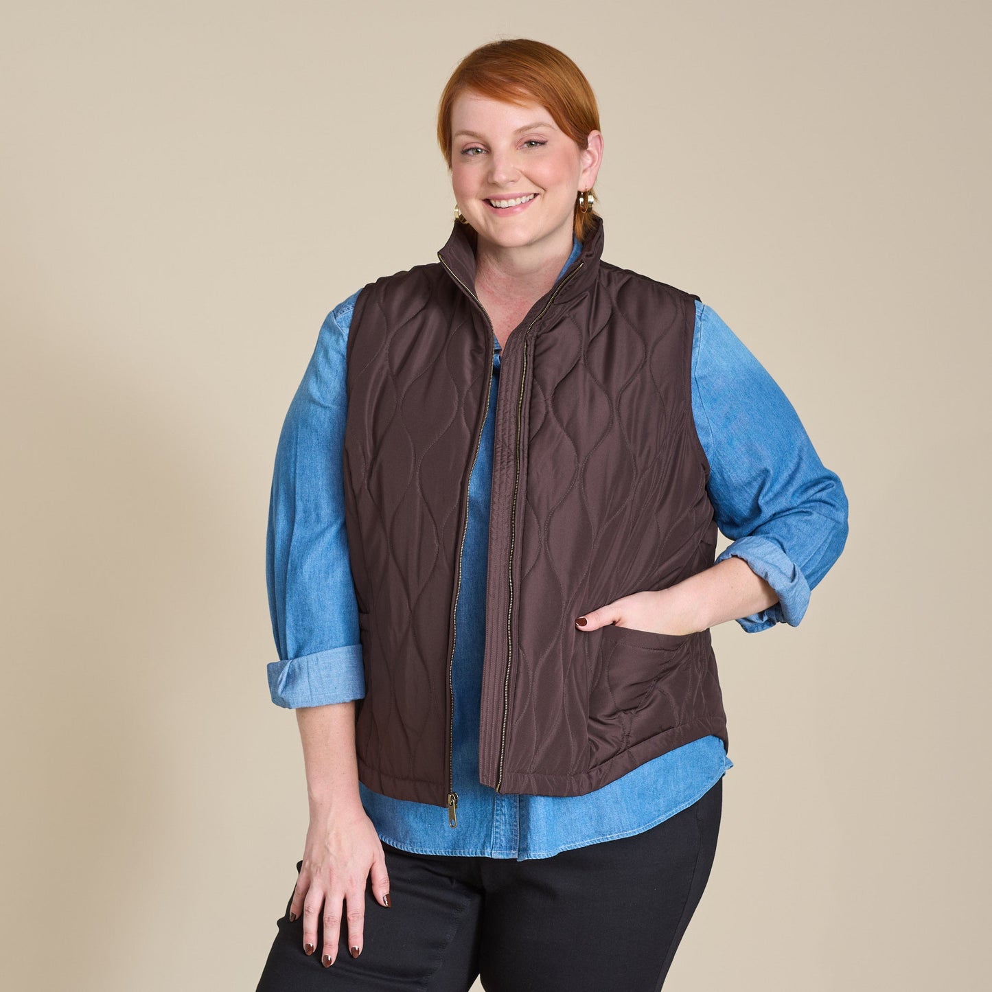 Christopher & Banks Quilted Zip Front Solid Vest
