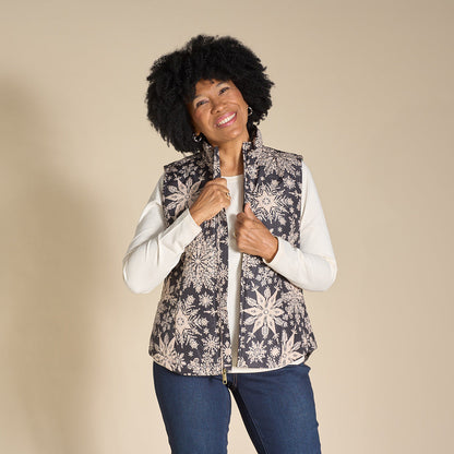 Christopher & Banks Quilted Snowflake Zip Front Printed Vest