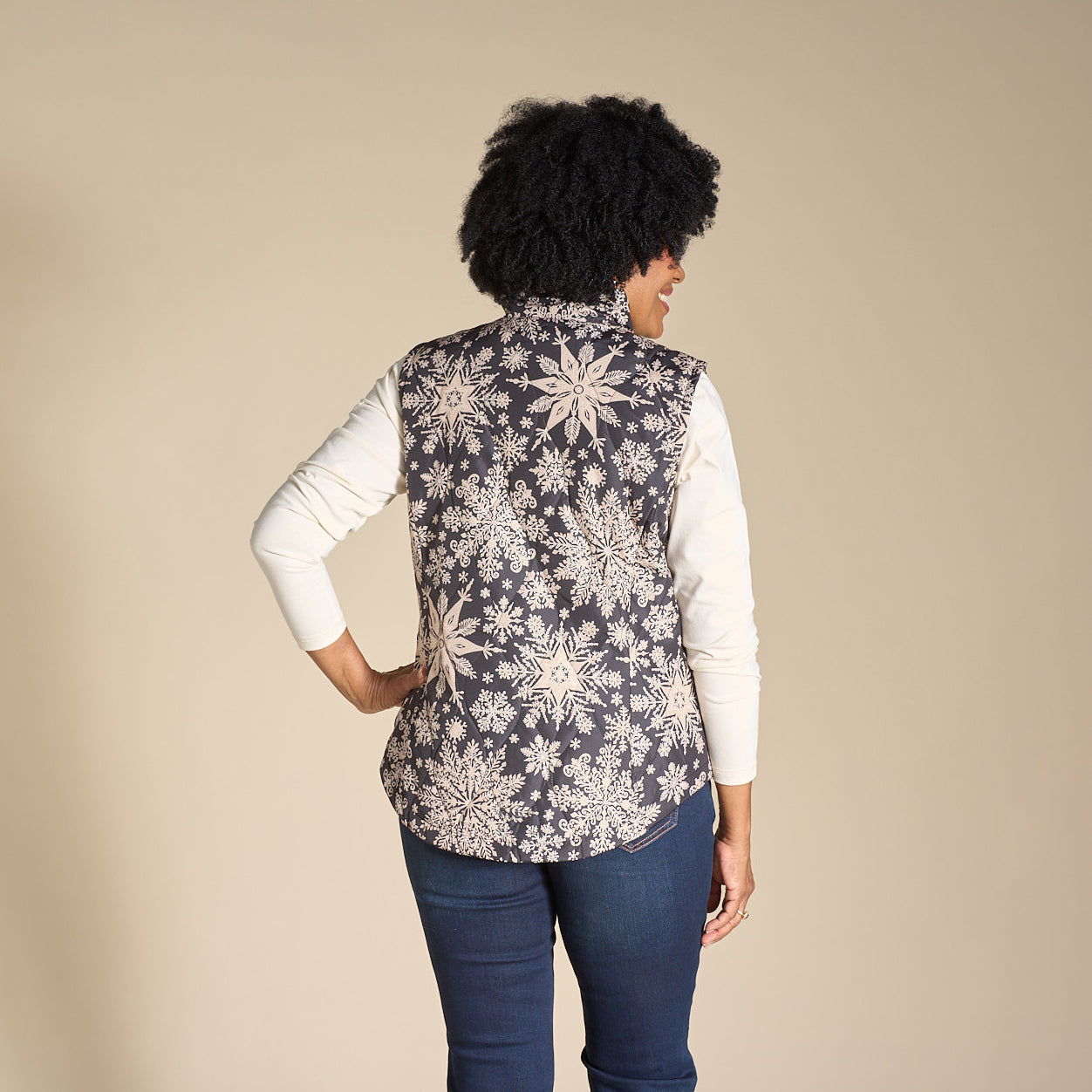 Christopher & Banks Quilted Snowflake Zip Front Printed Vest