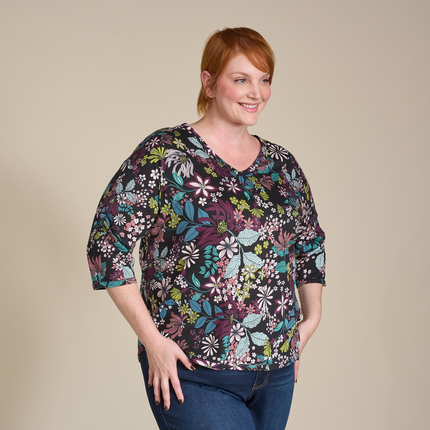 Christopher & Banks Relaxed Restyled Floral Print 3/4 Sleeve Tee