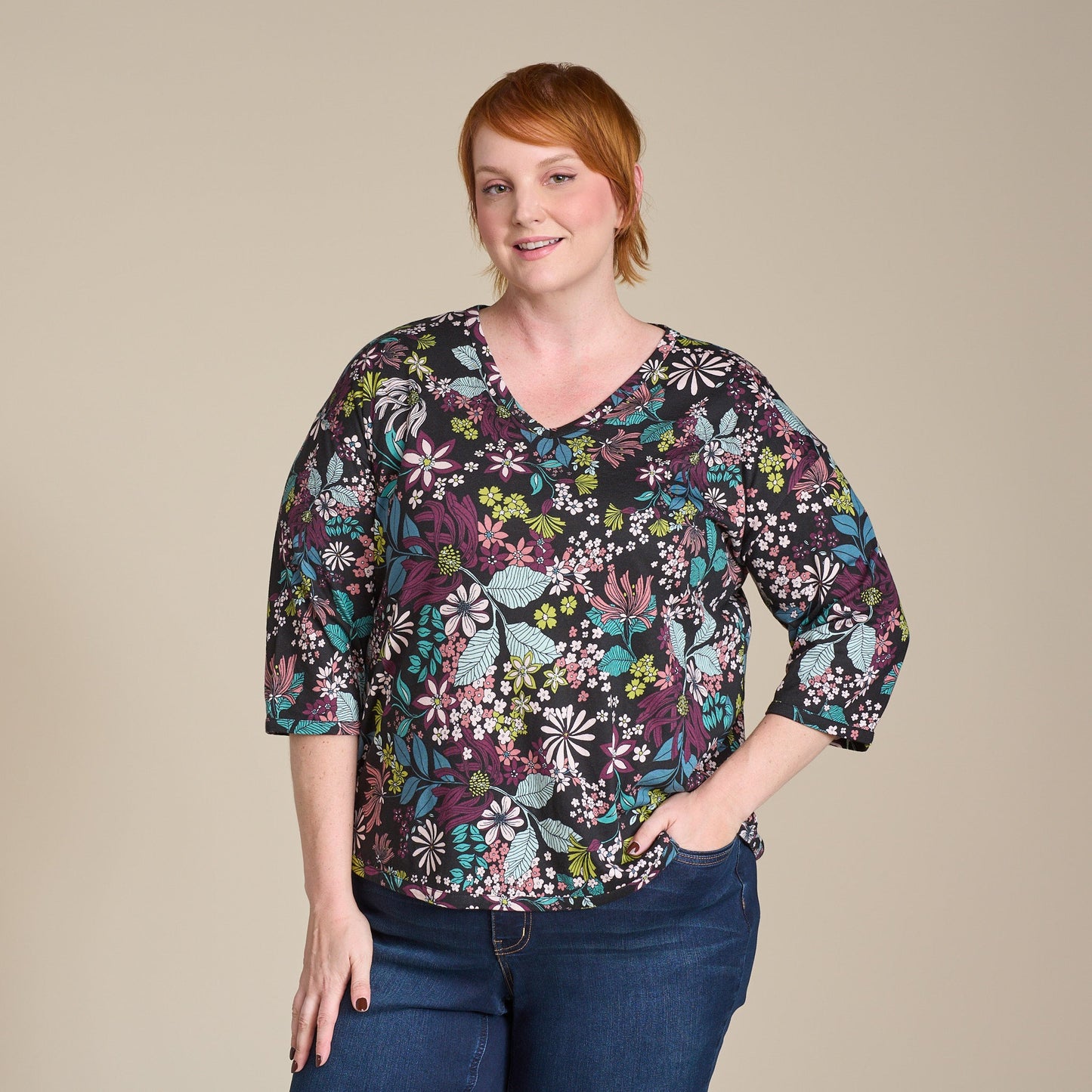 Christopher & Banks Relaxed Restyled Floral Print 3/4 Sleeve Tee