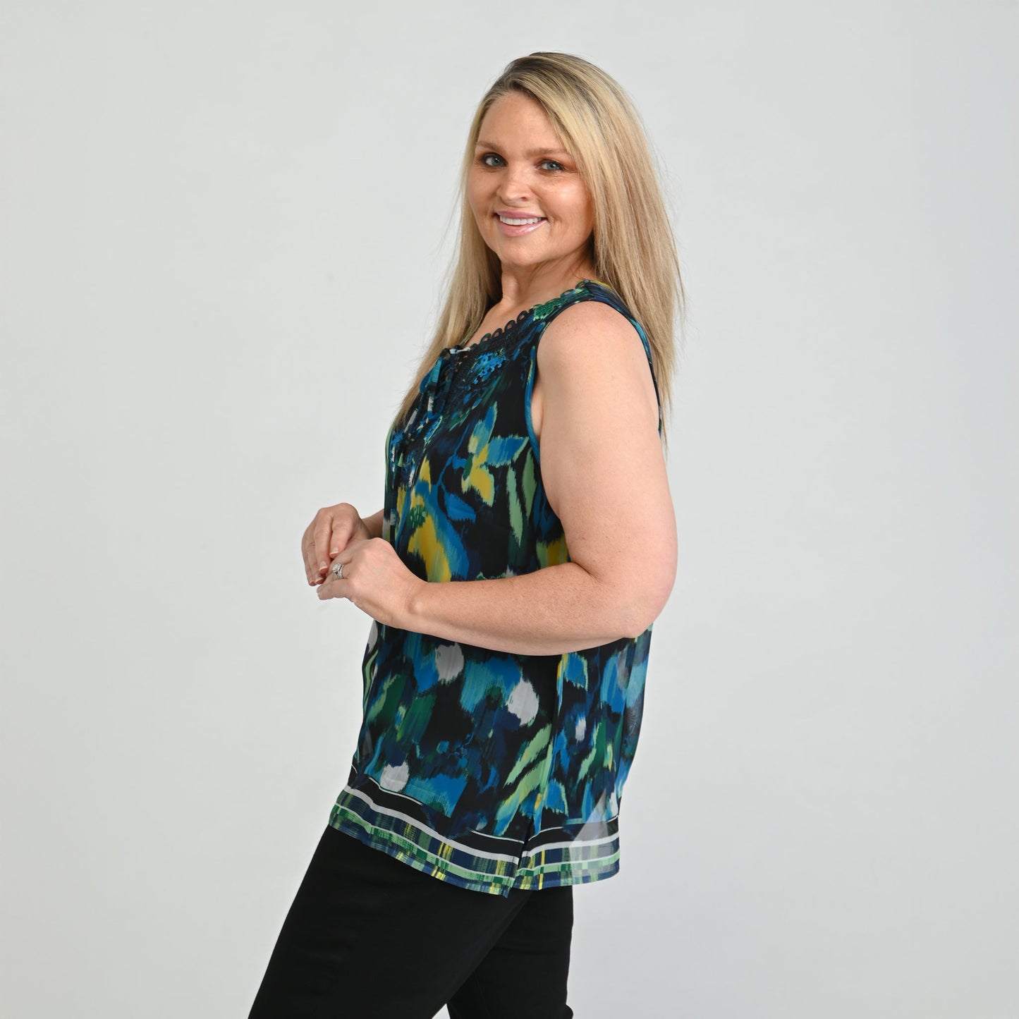 Christopher & Banks Border Print Crochet Tie Front Sleeveless Top