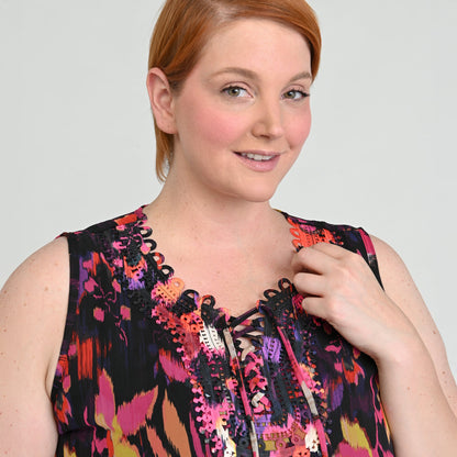 Christopher & Banks Border Print Crochet Tie Front Sleeveless Top