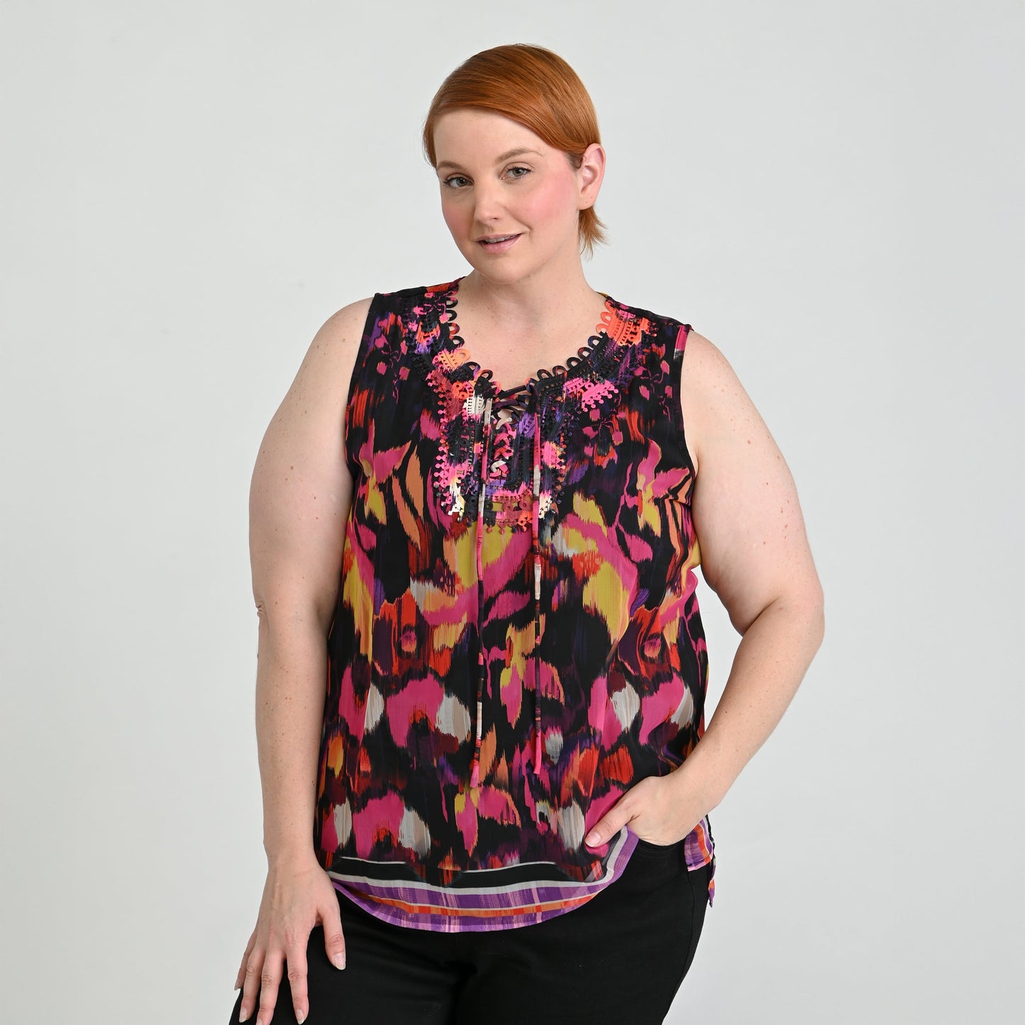 Christopher & Banks Border Print Crochet Tie Front Sleeveless Top