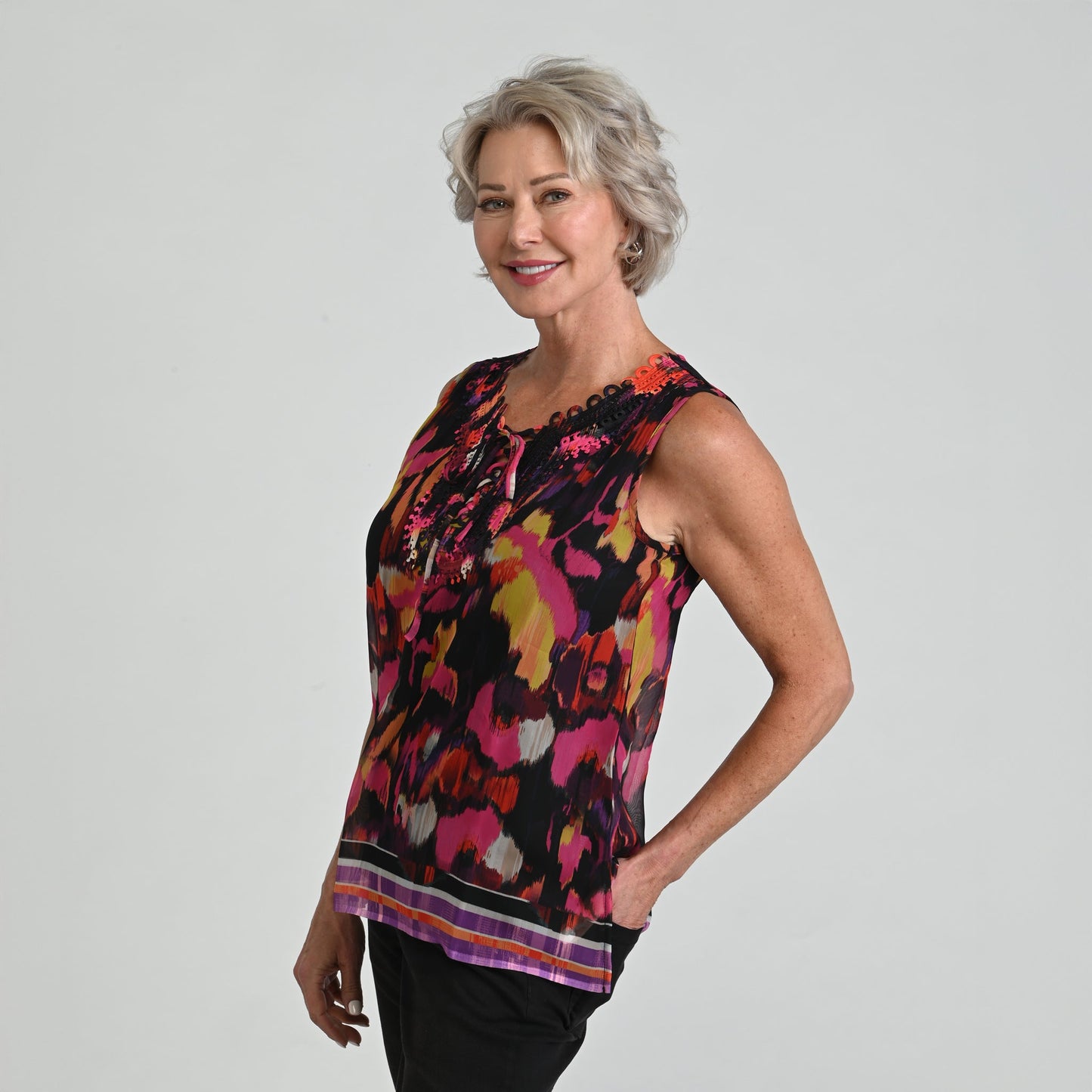 Christopher & Banks Border Print Crochet Tie Front Sleeveless Top