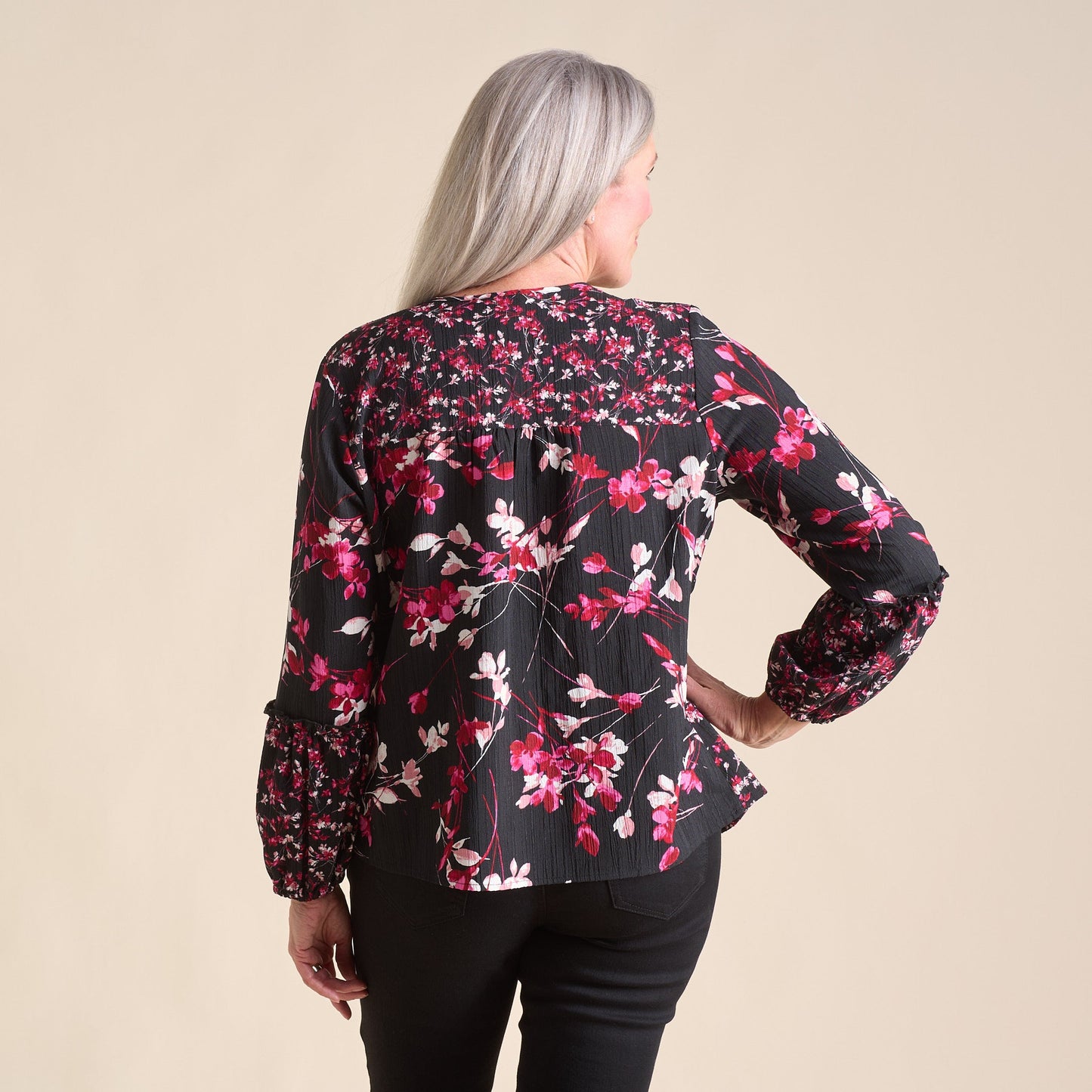 Christopher & Banks Botanical Floral Print Pleat Detail Long Sleeve Blouse