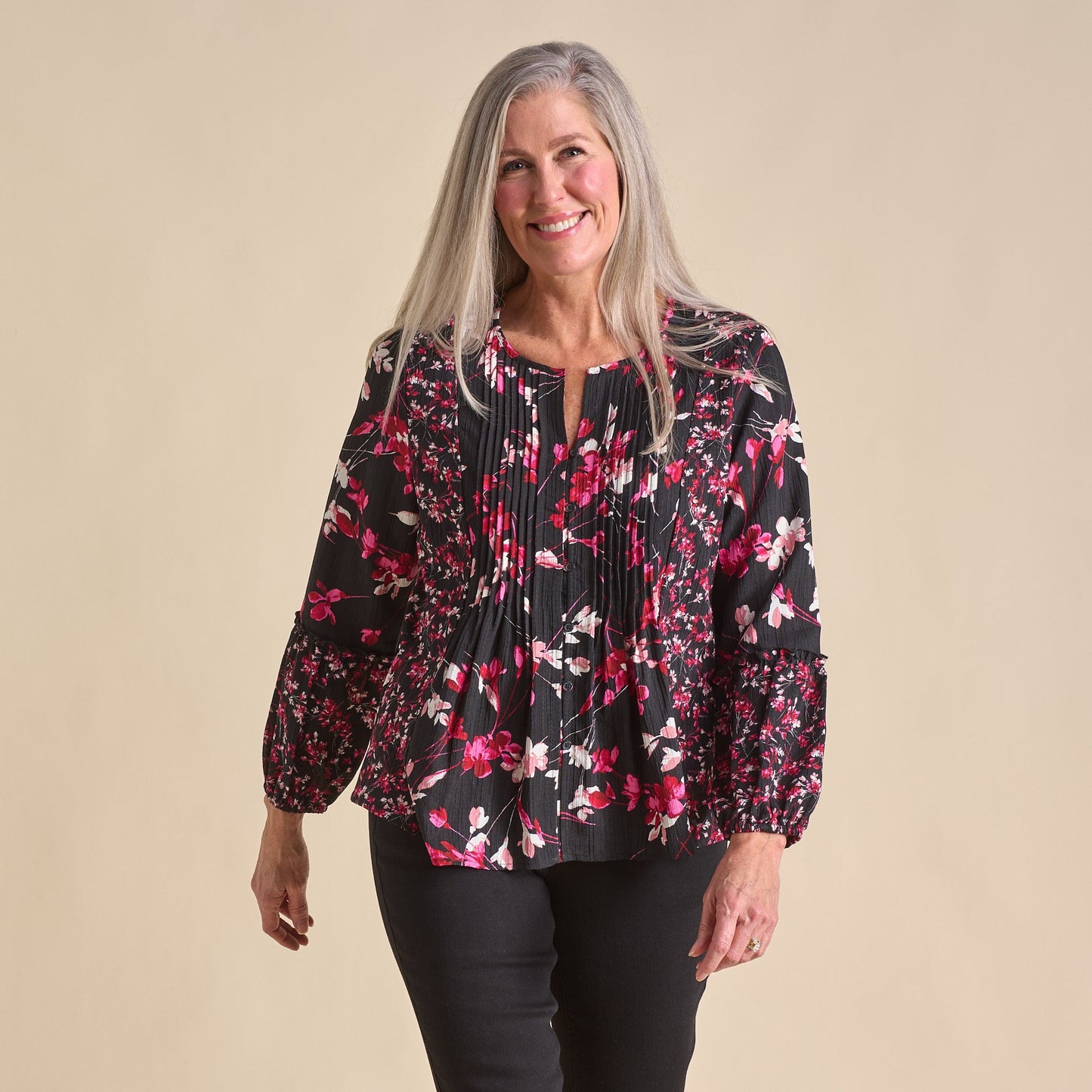 Christopher & Banks Botanical Floral Print Pleat Detail Long Sleeve Blouse