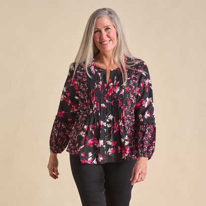 Christopher & Banks Botanical Floral Print Pleat Detail Long Sleeve Blouse