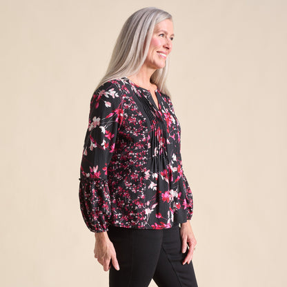 Christopher & Banks Botanical Floral Print Pleat Detail Long Sleeve Blouse