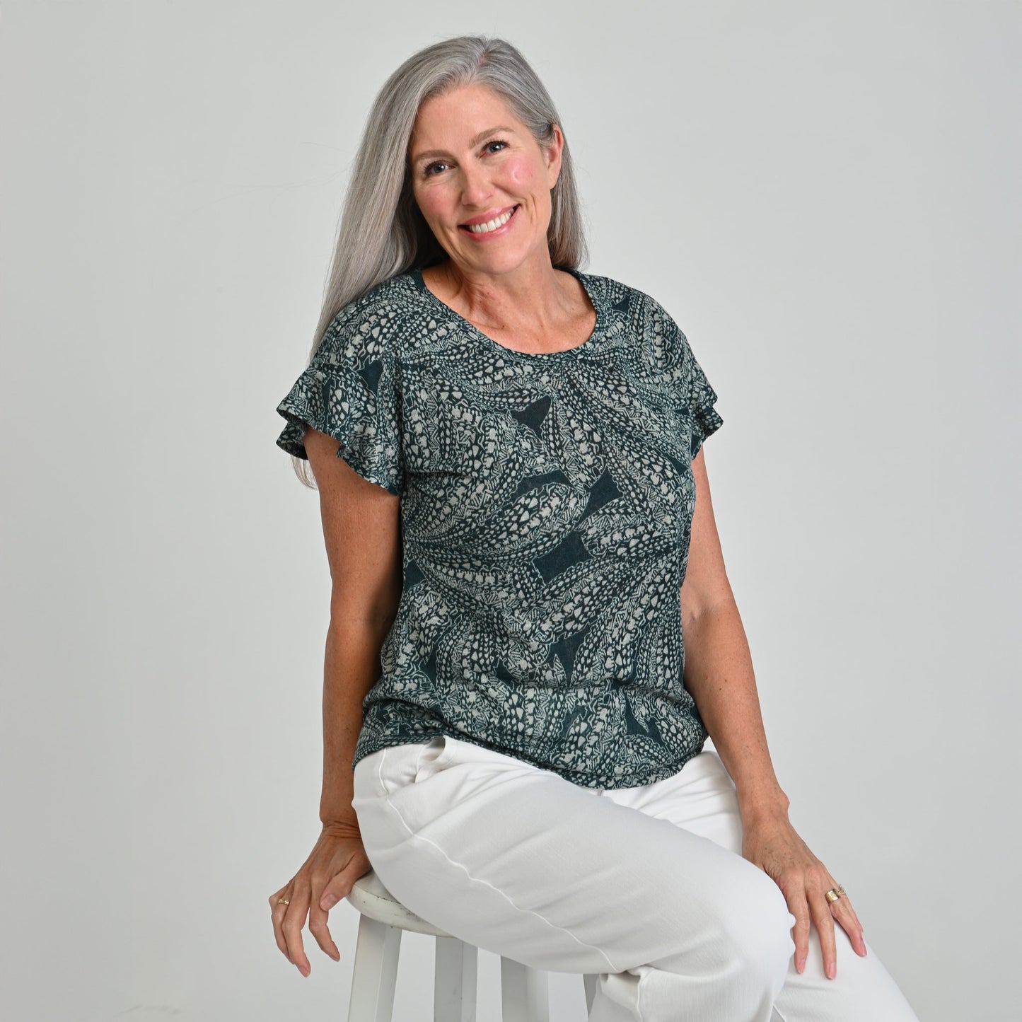 Christopher & Banks Printed Flutter Sleeve Jewel Neck Tee