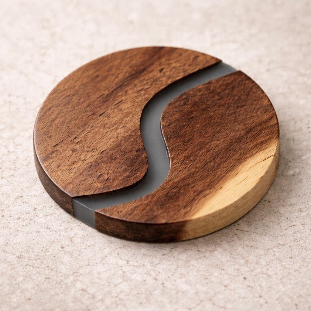 Busa Designs Ibiza Teak Wood & Resin 4-Piece Coaster Set