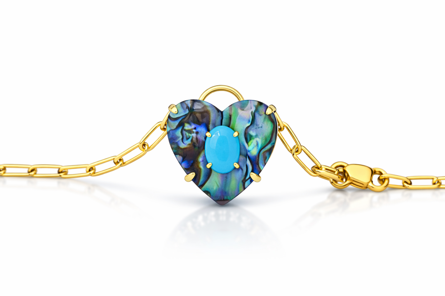 Gold bracelet with a heart-shaped abalone shell and turquoise stone on a white background