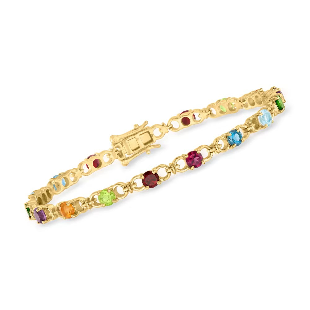 Gem Treasures 18K Gold Plated 4mm Round Multi-Gemstone Station Link Bracelet