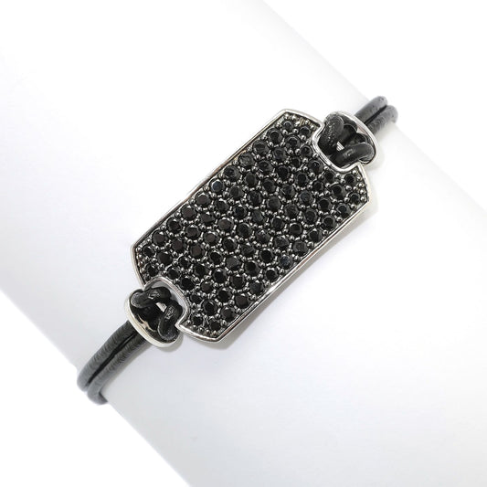 Pinctore Sterling Silver Pave Gemstone Dog Tag Leather Cord ID Bracelet