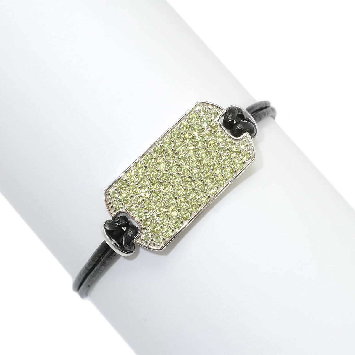 Gem Treasures Sterling Silver Pave Gemstone Dog Tag Leather Cord ID Bracelet