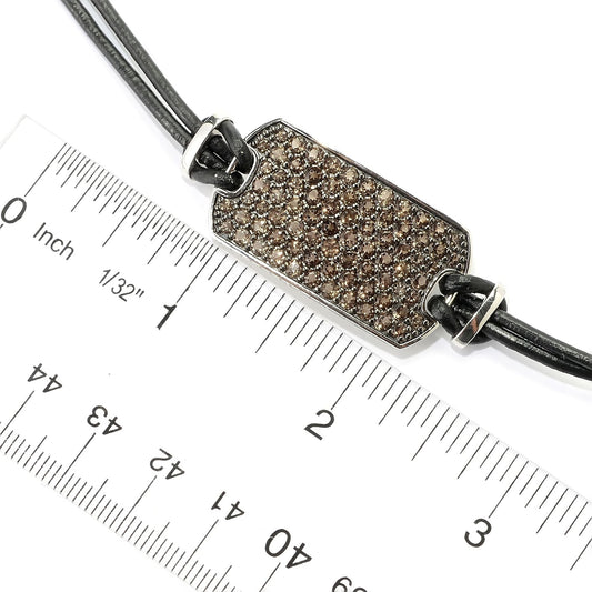 Pinctore Sterling Silver Pave Gemstone Dog Tag Leather Cord ID Bracelet