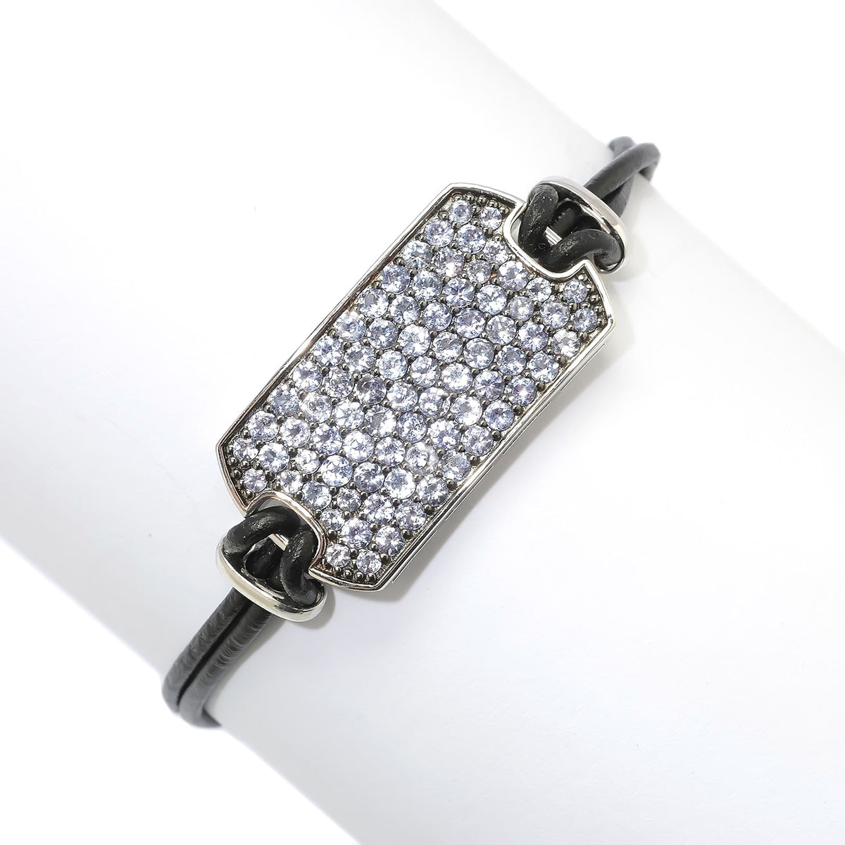 Gem Treasures Sterling Silver Pave Gemstone Dog Tag Leather Cord ID Bracelet