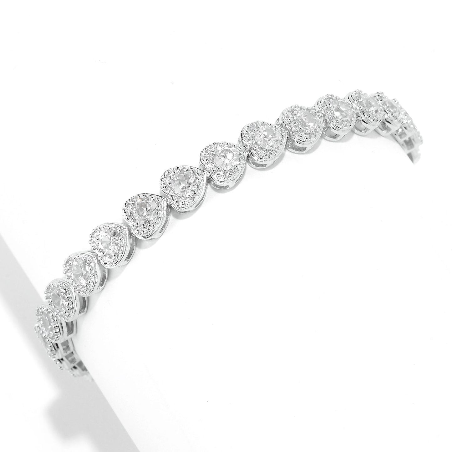 Pinctore Sterling Silver White Zircon Heart Halo Line Bracelet