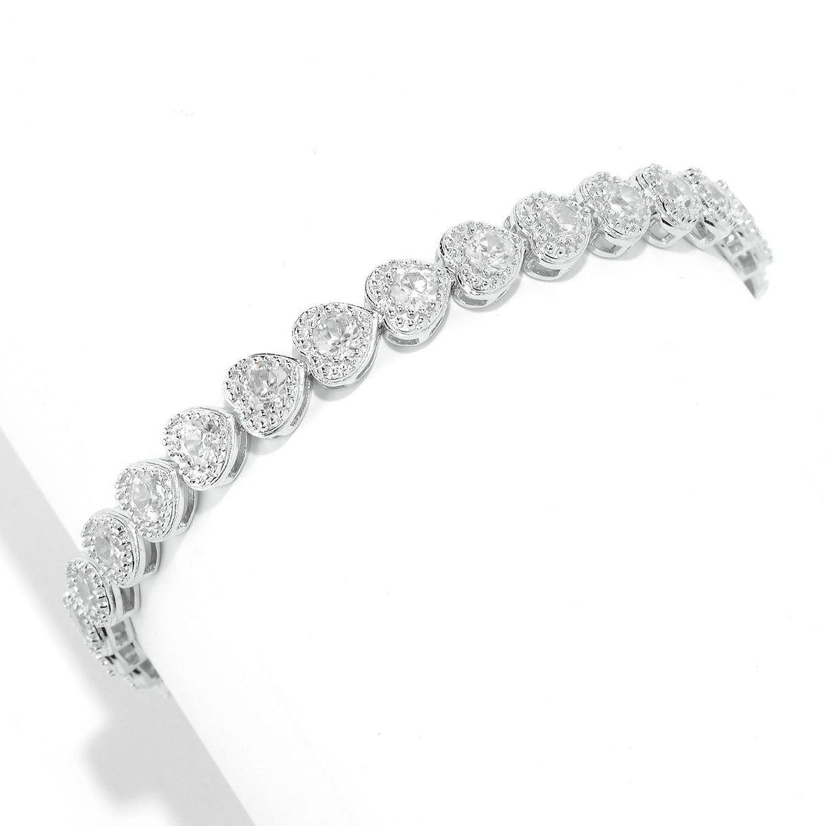 Gem Treasures Sterling Silver White Zircon Heart Halo Line Bracelet
