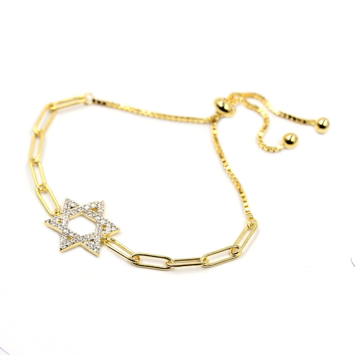 Gem Treasures 18K Gold Plated White Zircon Symbol Paperclip Adjustable Bolo Bracelet