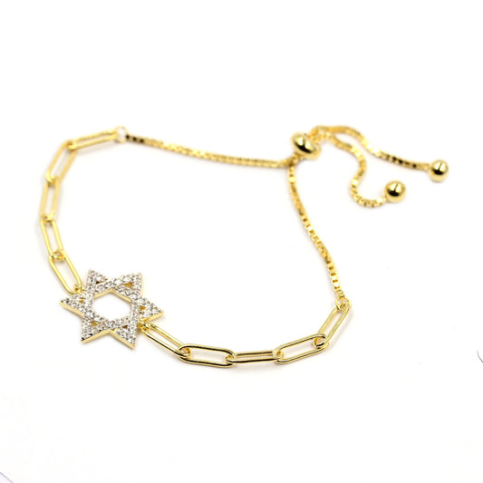 Pinctore 18K Gold Plated White Zircon Symbol Paperclip Adjustable Bolo Bracelet