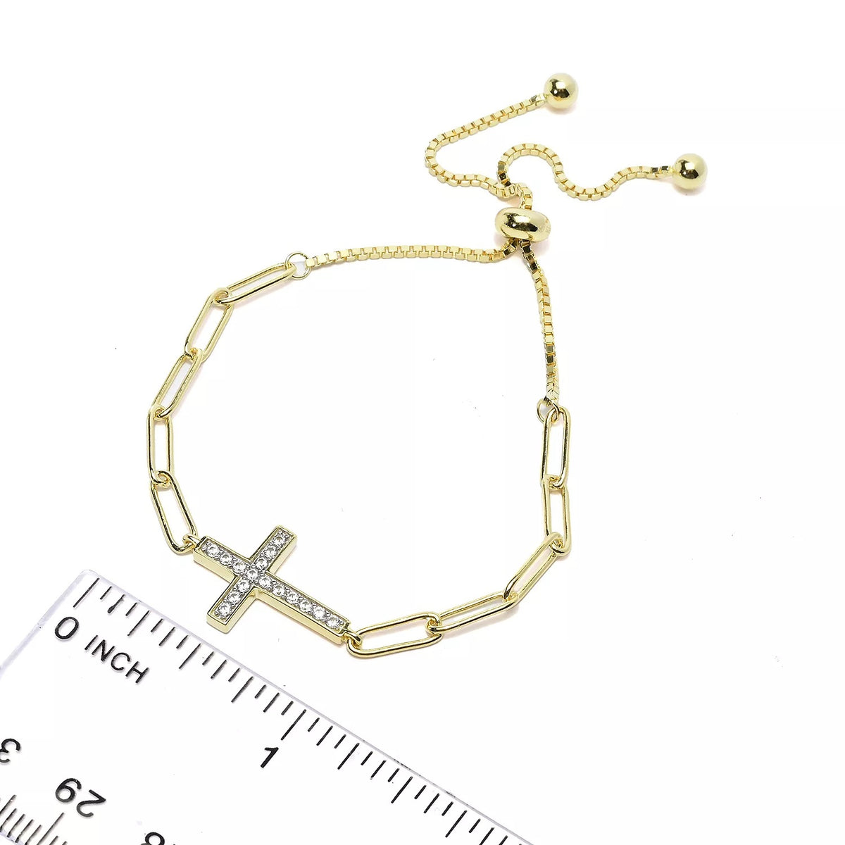 Gem Treasures 18K Gold Plated White Zircon Symbol Paperclip Adjustable Bolo Bracelet