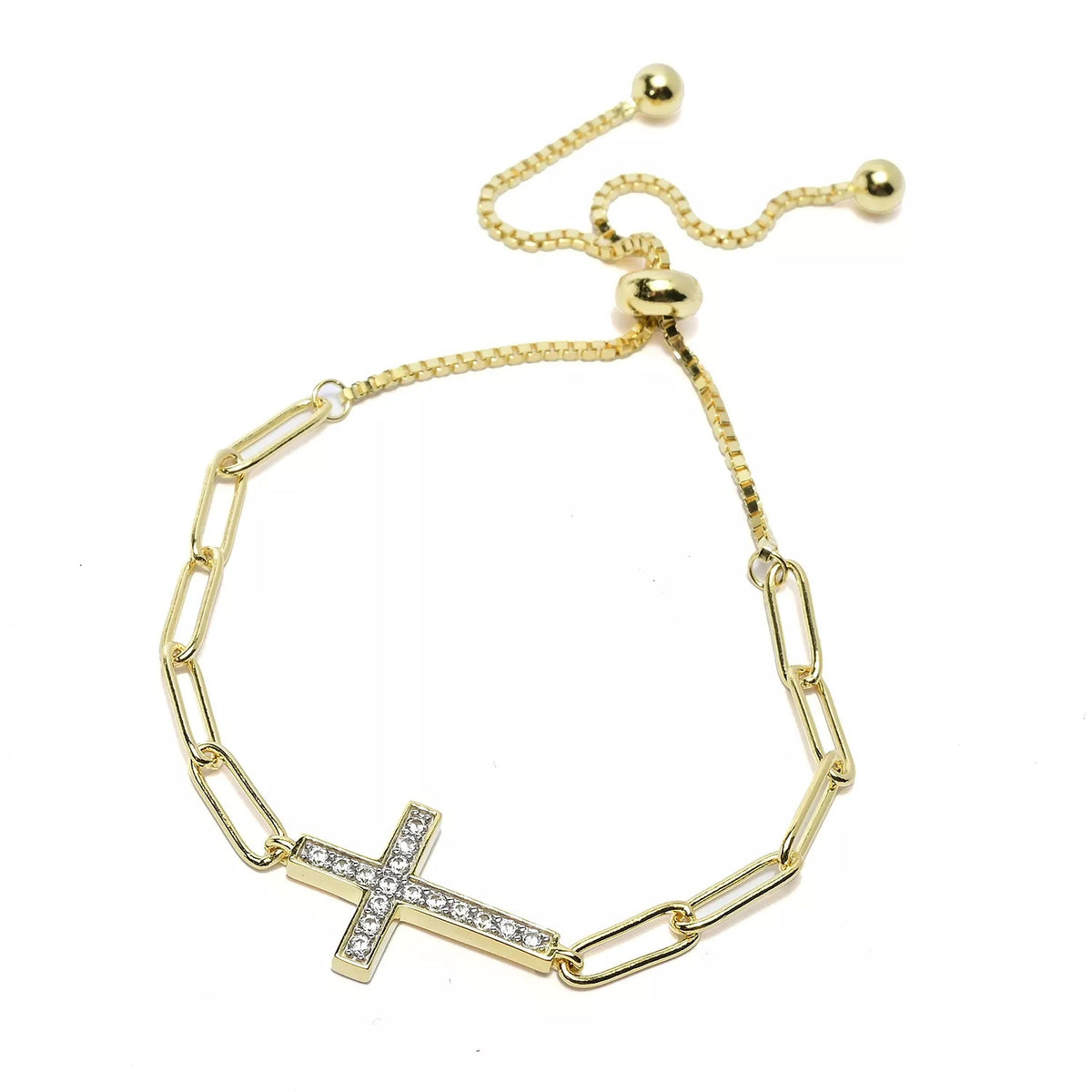 Gem Treasures 18K Gold Plated White Zircon Symbol Paperclip Adjustable Bolo Bracelet