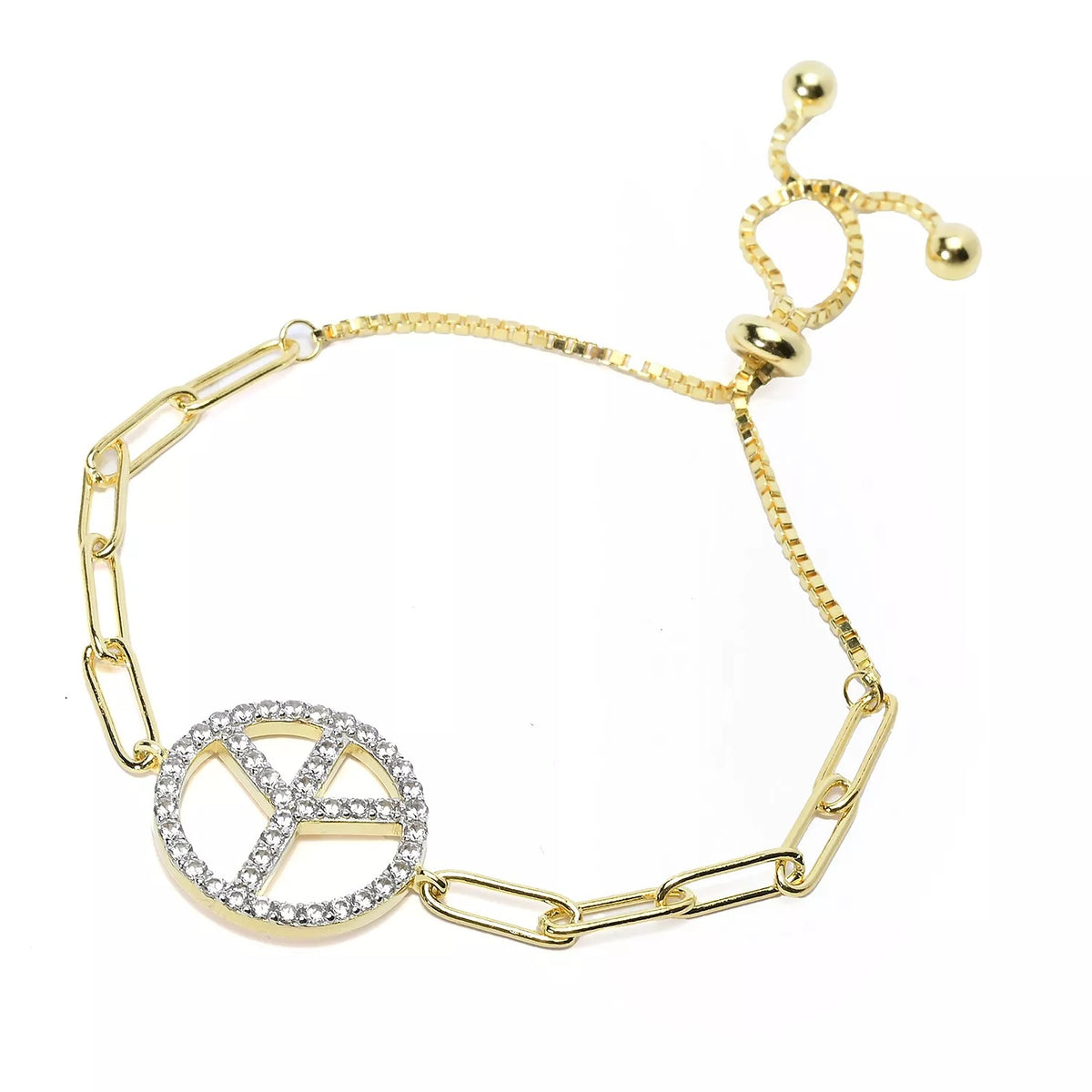 Gem Treasures 18K Gold Plated White Zircon Symbol Paperclip Adjustable Bolo Bracelet