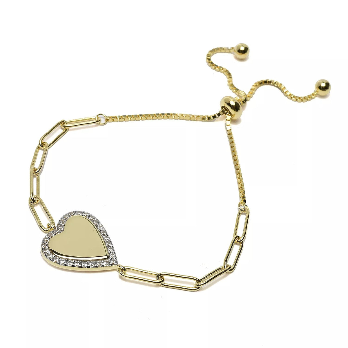 Gem Treasures 18K Gold Plated White Zircon Symbol Paperclip Adjustable Bolo Bracelet