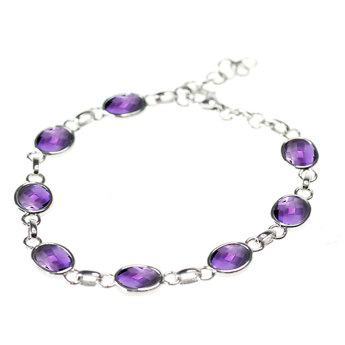 Gem Treasures Sterling Silver 9x7mm Checkerboard-Cut Amethyst Station Bracelet