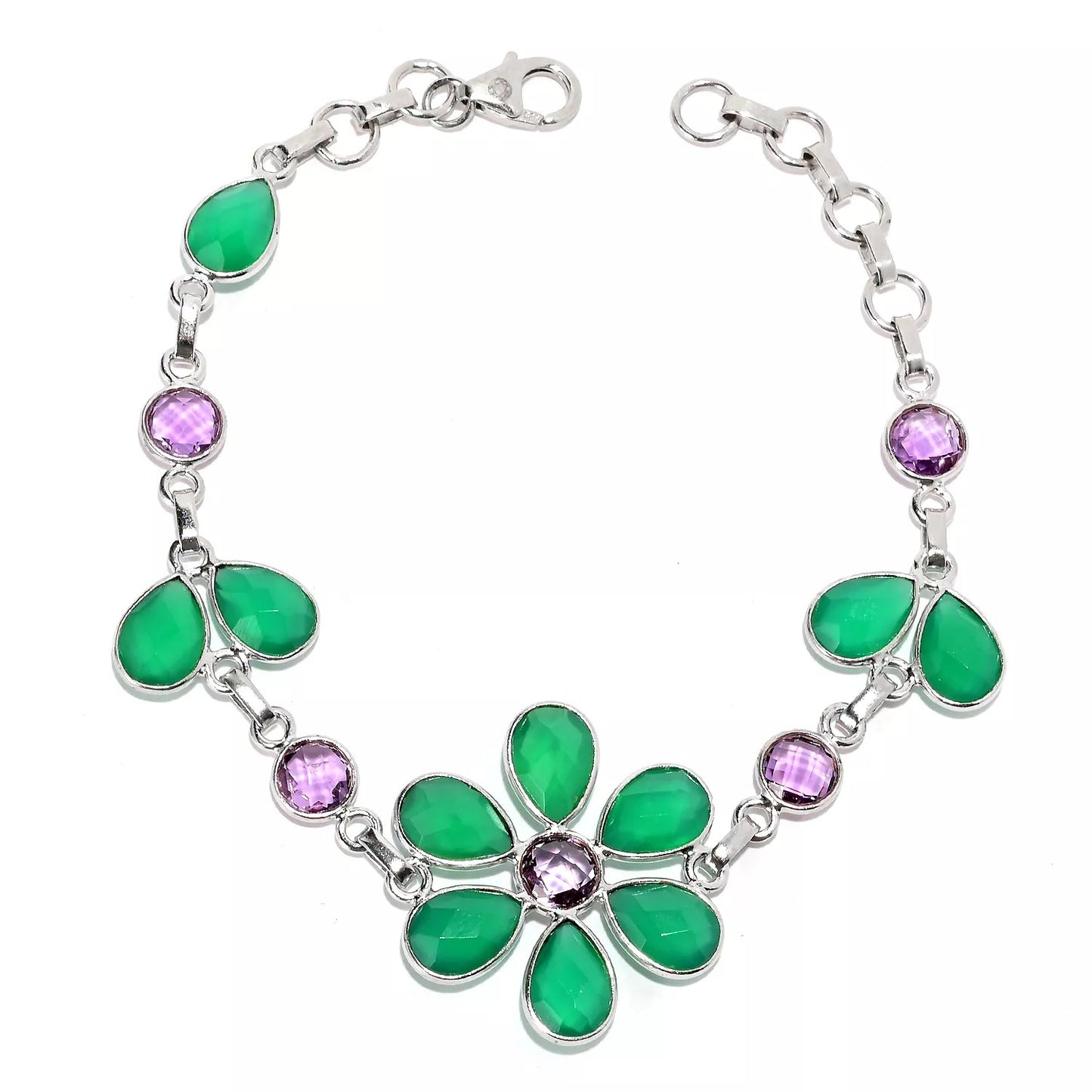 Pinctore Sterling Silver Multi-Gemstone Floral Line Bracelet