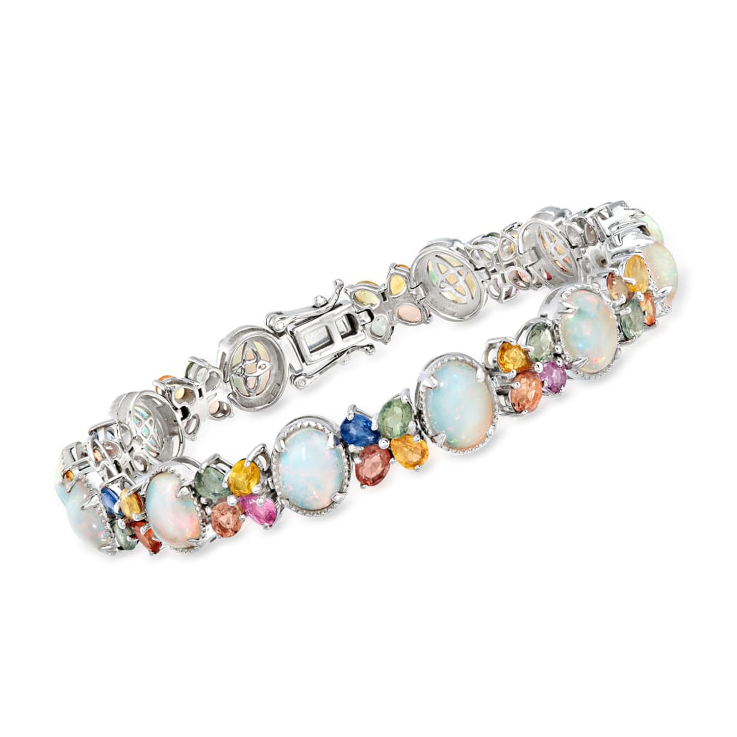 Pinctore Sterling Silver 8x6mm Ethiopian Opal & Multi Sapphire Line Bracelet