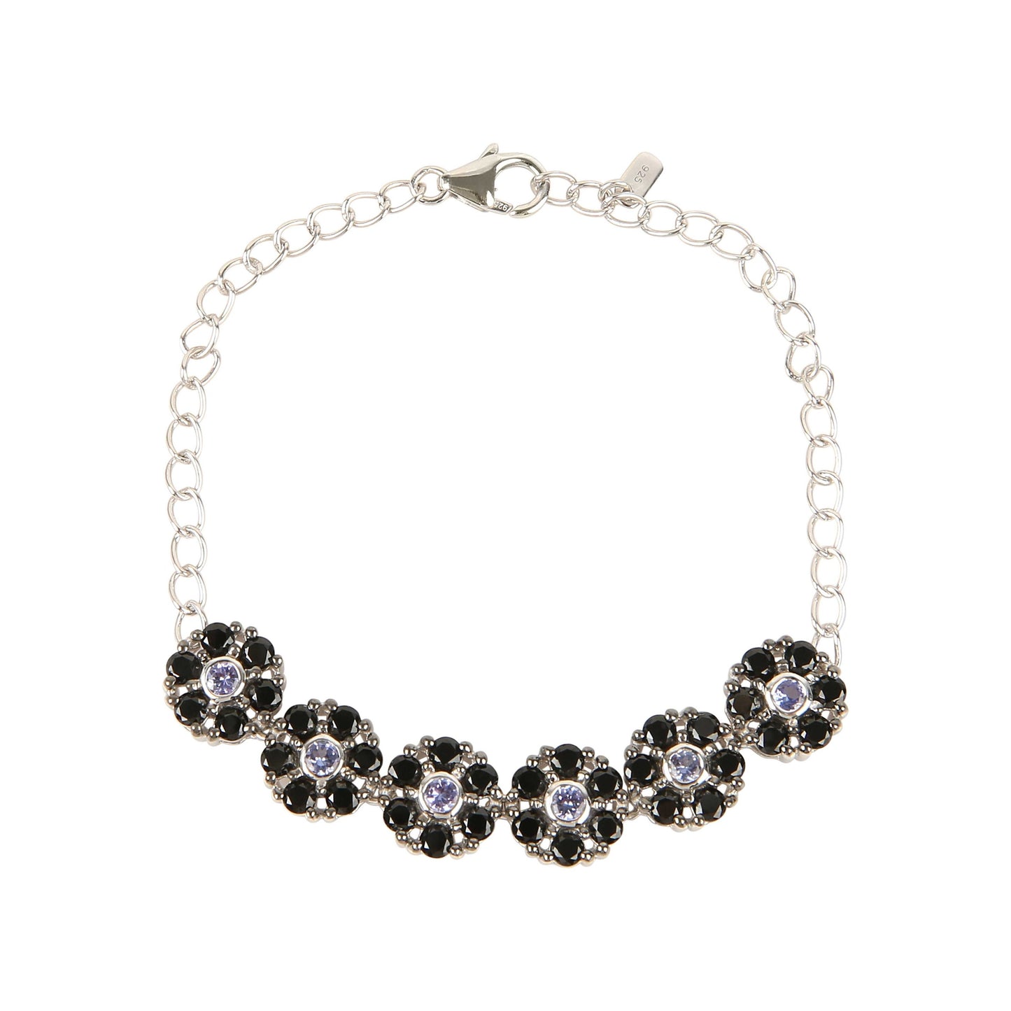 Gem Treasures Sterling Silver Black Spinel & Tanzanite Pinwheel Cluster Line Bracelet