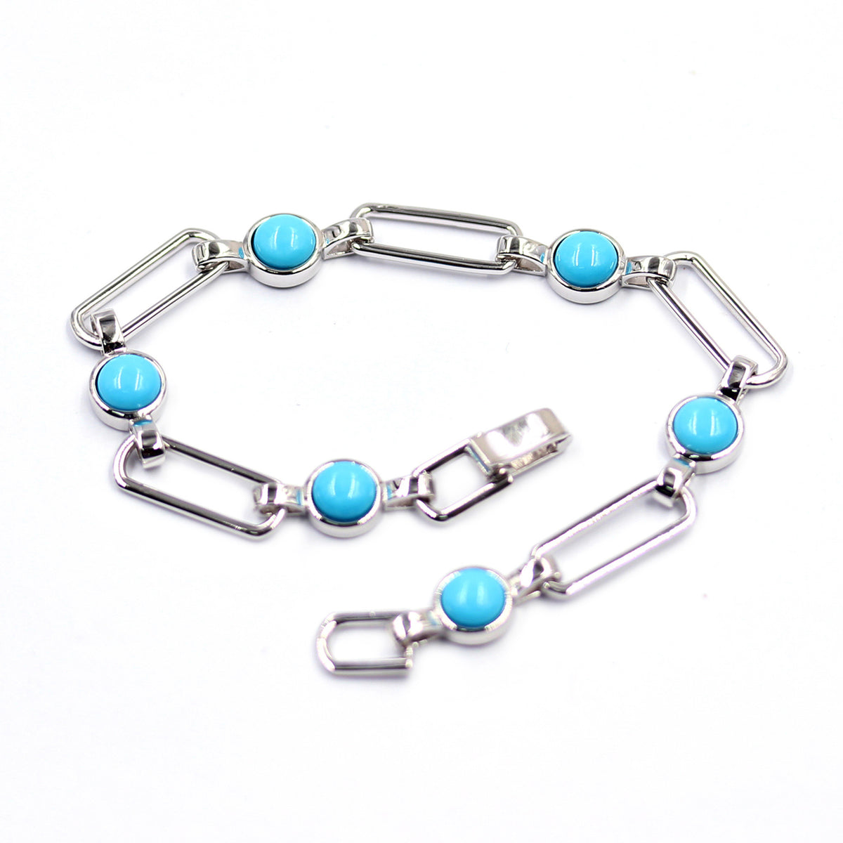 Sterling Silver 6mm Round Sleeping Beauty Turq Paperclip Link Station Bracelet
