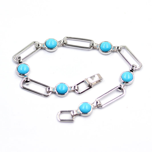 Sterling Silver 6mm Round Sleeping Beauty Turq Paperclip Link Station Bracelet
