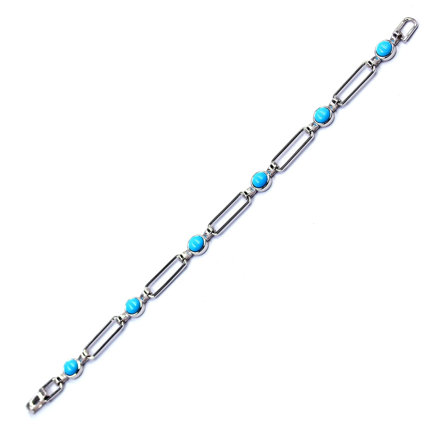 Sterling Silver 6mm Round Sleeping Beauty Turq Paperclip Link Station Bracelet