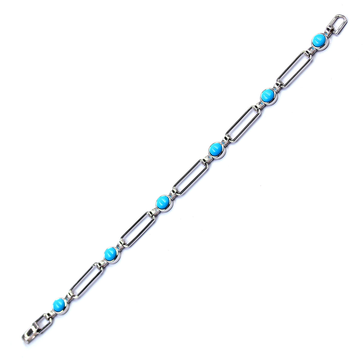 Sterling Silver 6mm Round Sleeping Beauty Turq Paperclip Link Station Bracelet