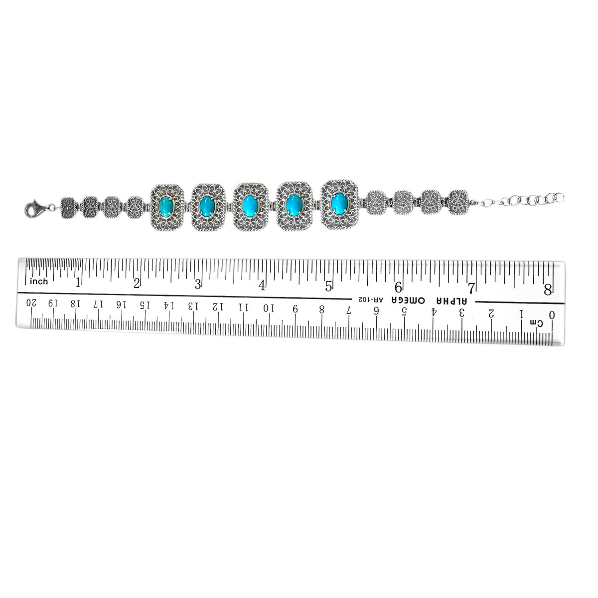 Sterling Silver 8x6mm Sleeping Beauty Turquoise Filigree Line Bracelet