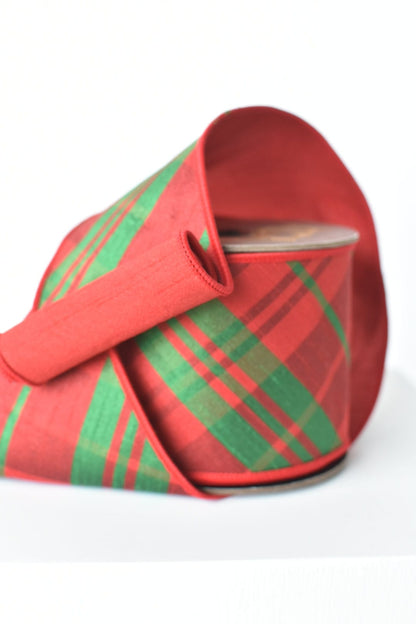 4" x 10yd Double Faced Red/Green Plaid Faux Dupioni Ribbon