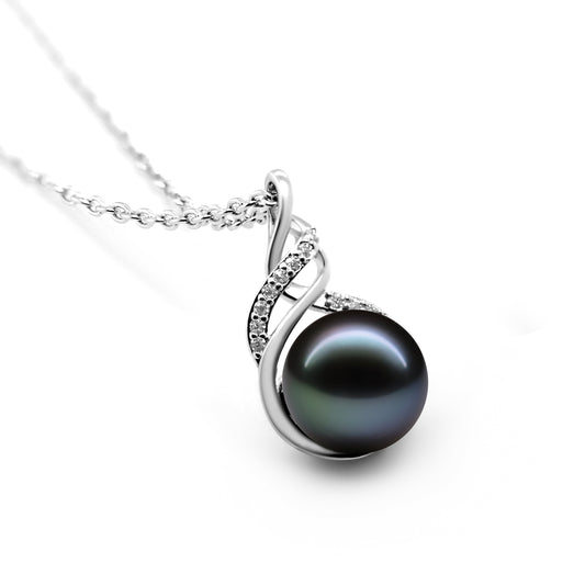 TRYNDI Rhodium Plated 11-12mm Tahitian Black Pearl Swarovski Crystal Necklace