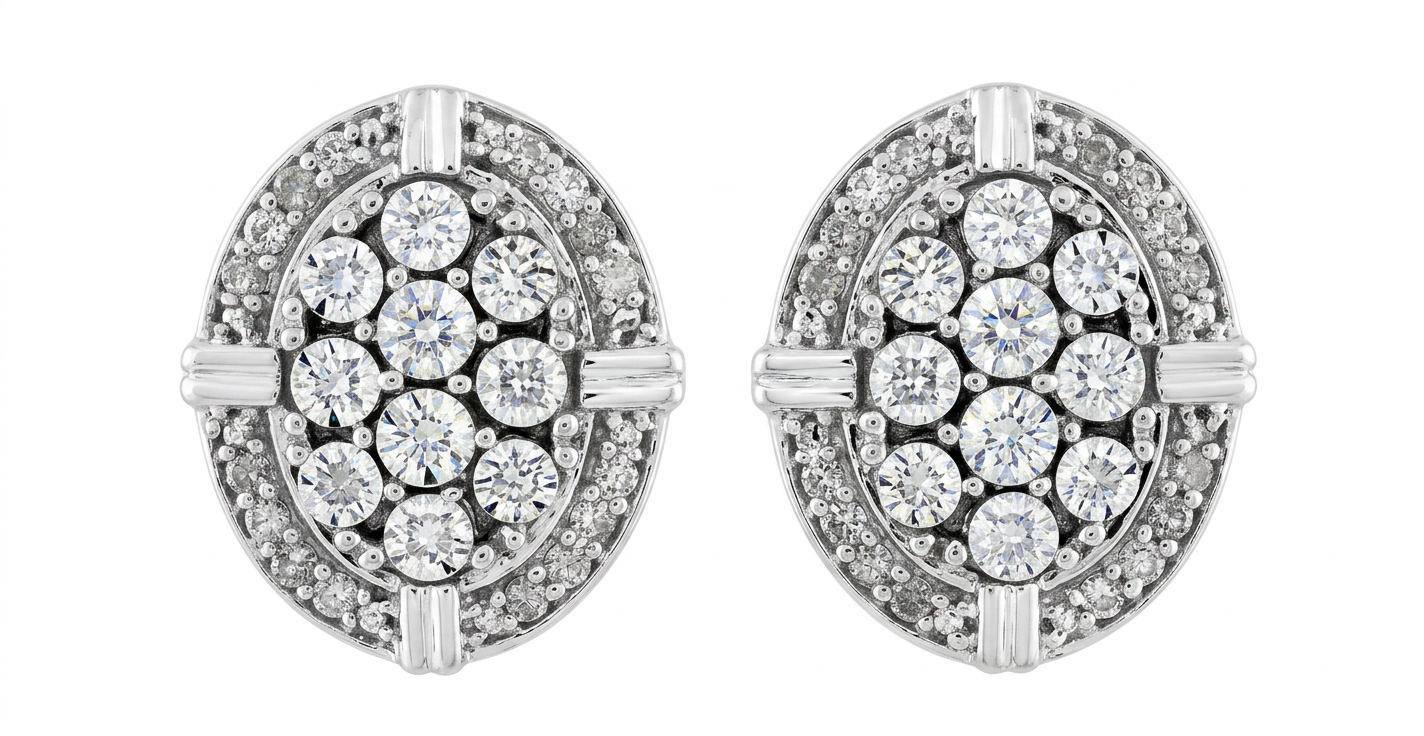 Sterling Silver 0.16ctw Diamond Oval Cluster Stud Earrings