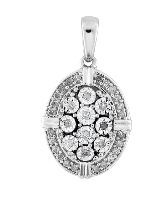 Sterling Silver 0.16ctw Diamond Oval Cluster Pendant with Chain