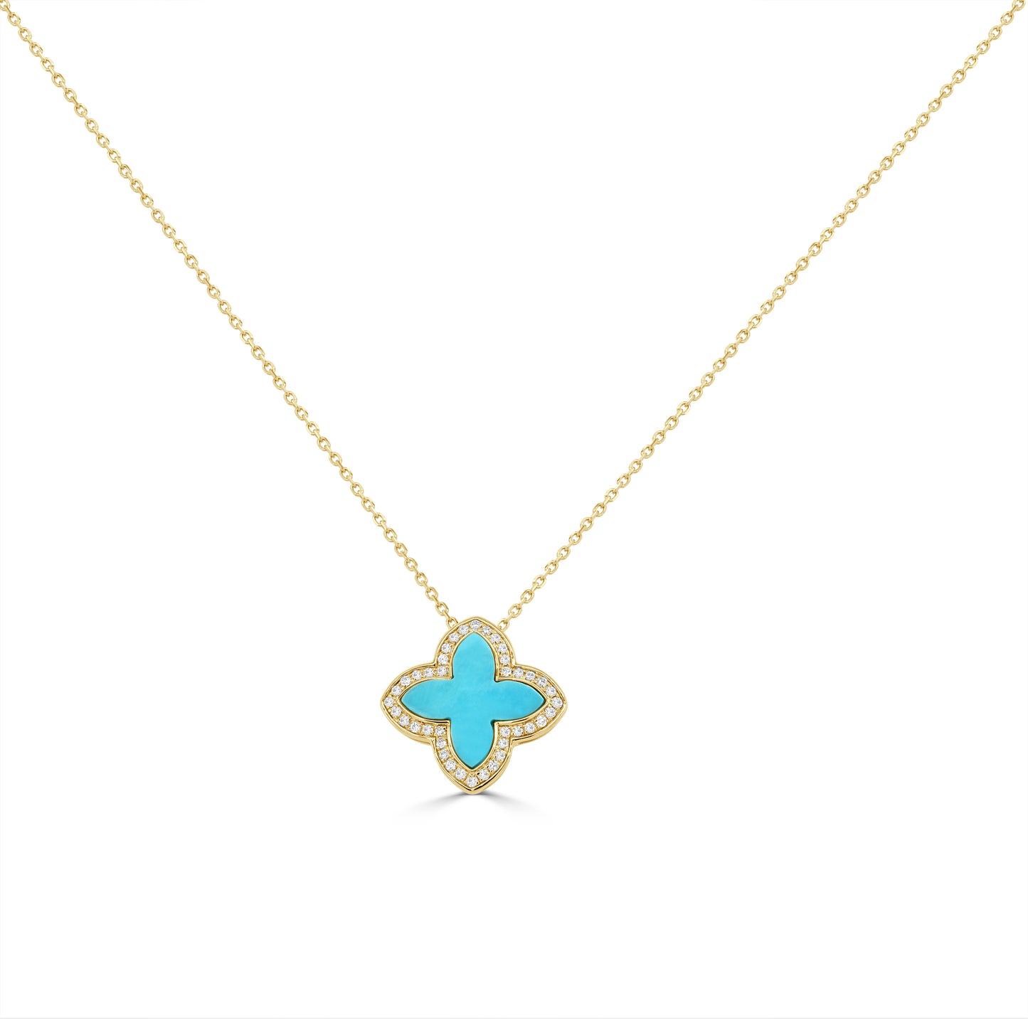 14K Italian Gold Turquoise & Diamond Quatrefoil Necklace