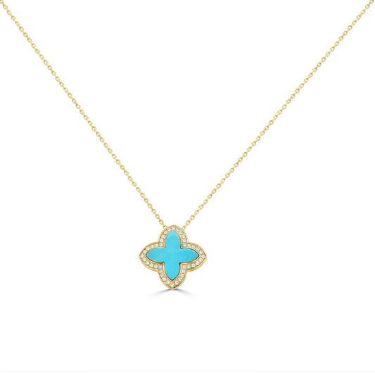 14K Italian Gold Turquoise & Diamond Quatrefoil Necklace