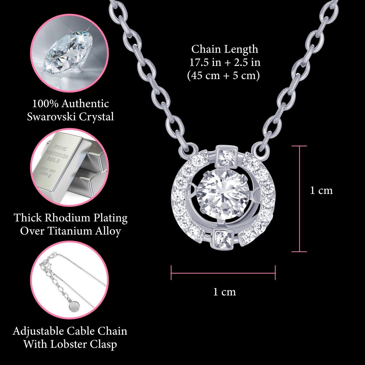TRYNDI Rhodium Plated Swarovski Crystal Halo Pendant Necklace