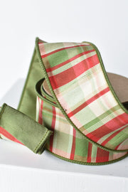2.5" x 10yd Red/Green/Tan Plaid Dupioni Silk Ribbon