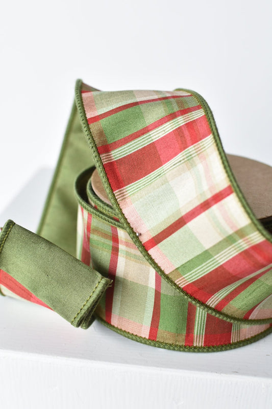 2.5" x 10yd Red/Green/Tan Plaid Dupioni Silk Ribbon