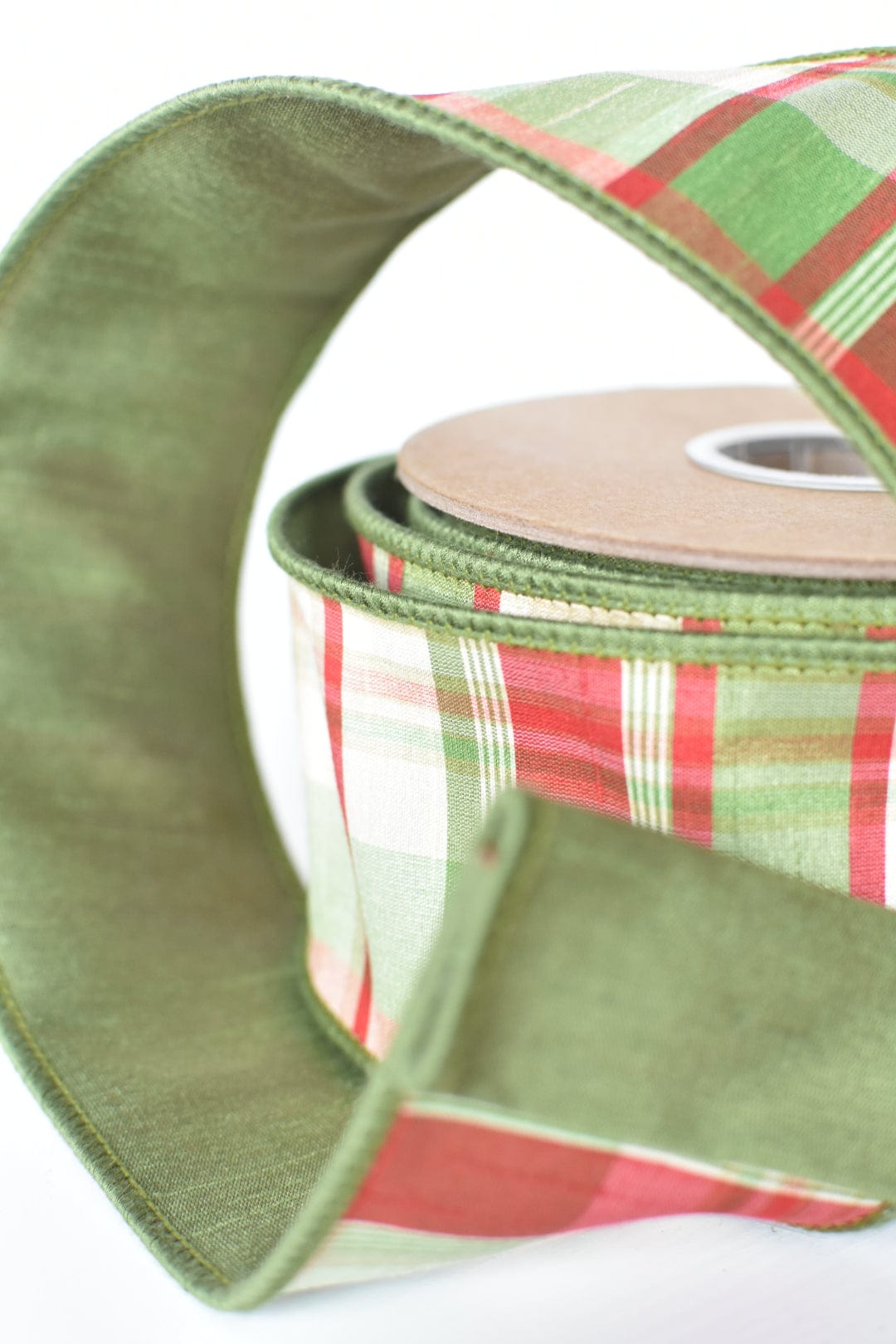 2.5" x 10yd Red/Green/Tan Plaid Dupioni Silk Ribbon